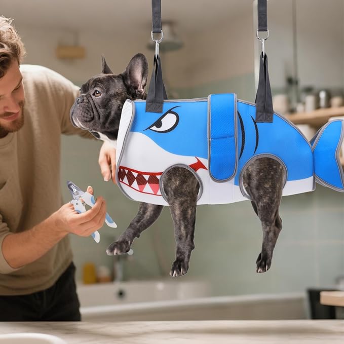 Dog Grooming Hammock for Small Dogs Cats, Cute Shark Design Dog Hanging Harness for Nail Trimming/Clipping, Pet Sling with Grooming Kit and Thick Neck Support & Strap Restraint Claw Care, M