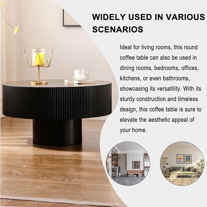 Round Coffee Table, Handcrafted Fluted Drum Coffee Tables Modern Wood Coffee Table Circle Drum Center Table for Living Room, Apartment (Black Thick)