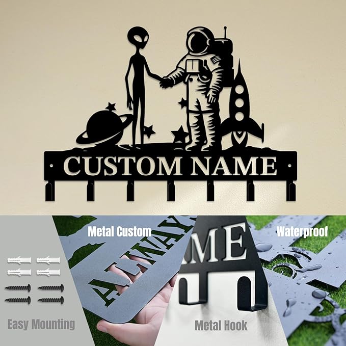 Personalized Custom Alien ET Metal Wall Keys Hooks,Clothes Hooks Alien ET Art coat racks,door holder,Black Alien ET decorations for home,Entrance doors,Hallway, Bedroom,Keys,Hats (Style O)