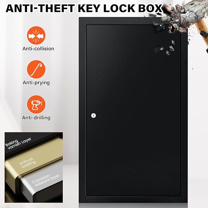 225 Keys Key Lock Box Wall Mount with Additional 16 Side Hooks and Key Tags, Anti-Theft Key Box Key Cabinet with Side Opening, Key Organizer Key Safe for Home Office Garage Rental Business