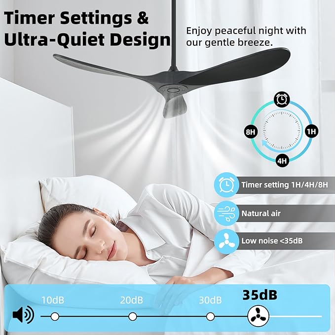 Smart Ceiling Fan no Light, 52 Inch Outdoor Ceiling Fan Without Light, Compatible with Alexa/Google/App, 3 Solid Wood Blades, Modern Wood Fan for Patio, Bedroom, Living Room, Black