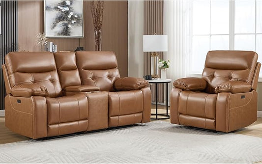 CANMOV Genuine Leather Power Recliner Sofa Set, Power Recliner Chair and Loveseat Set, 2 Pieces Leather Couch with Storage Console, USB Ports, Cup Holders for Living Room,Brown