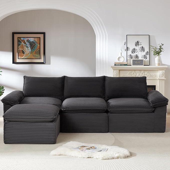 111" Cloud Sectional Couch with L-Shaped Chaise, Corduroy Sectional Sofa with Ottoman, Boneless Couch with Deep Seat in a Box for Living Room, No Assembly Required (Dark Grey)
