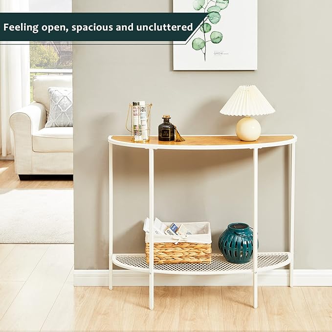 SAYGOER Console Table 2 Tier Narrow Entryway Table with Storage Shelves Half Moon Sofa Couch Table Small Entry Way Tables for Living Bedroom Hallway Office Easy Assembly, Oak White