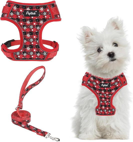 PUPTECK Small Dog Harness and Leash Set, No Pull Adjustable Puppy Cat Harness, Reflective Soft Mesh Pet Vest Small Sized, Plaid Christmas Red S
