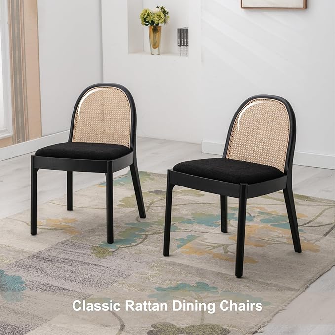 HEAH-YO Rattan Dining Chairs Set of 4, Upholstered Sherpa Dining Room Chairs with Backrests, Modern Kitchen Chairs with Wood Legs for Dining Room, Black