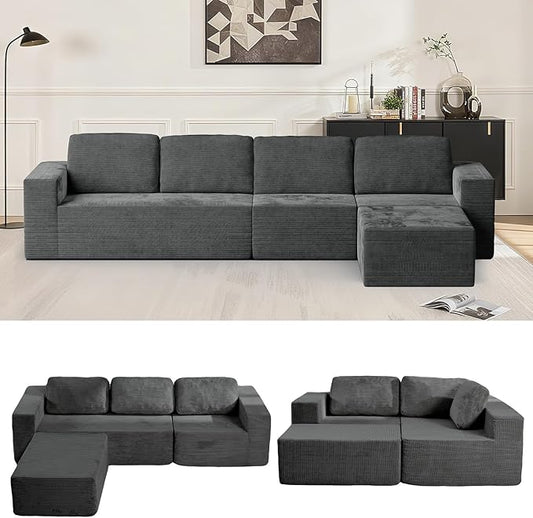 136" Cloud Sectional Couch, Left/Right Facing Convertible Sofa with Deep Seat, L-Shape Modular Upholstered Foam Couch for Living Room Bedroom, No Assembly Required (Corduroy Fabric, Grey)