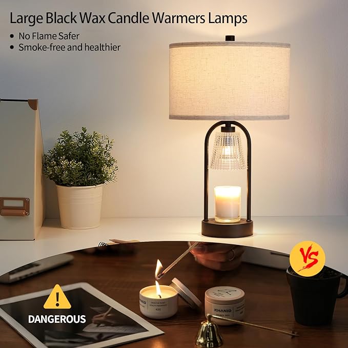 Plug in Black Candle Warmer Lamp with Timer Dimmable, Wax Melts Candle Warmer with Beige Fabric Shade Lamp, Christmas Birthday Gifts for Mom Women Sister, House Warming Gifts Include 3 Bulb