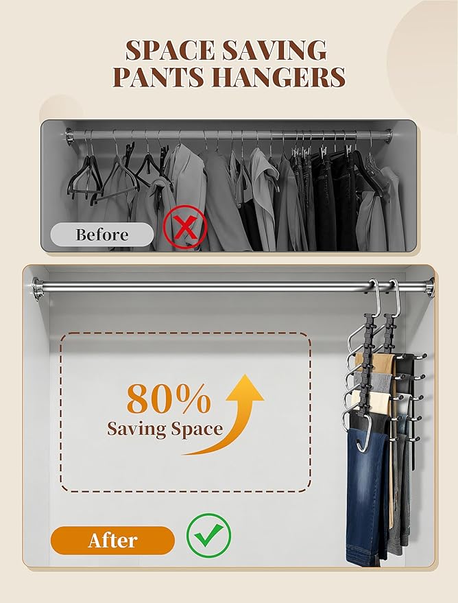 Pants Hangers 2 Pack Space Saving Metal Closet Organizer, Anti-Slip Design, Multi-Layer Space Saving Hangers, Closet Organizers and Storage for Jeans, Trousers, Skirts, Scarves, Slacks, Black