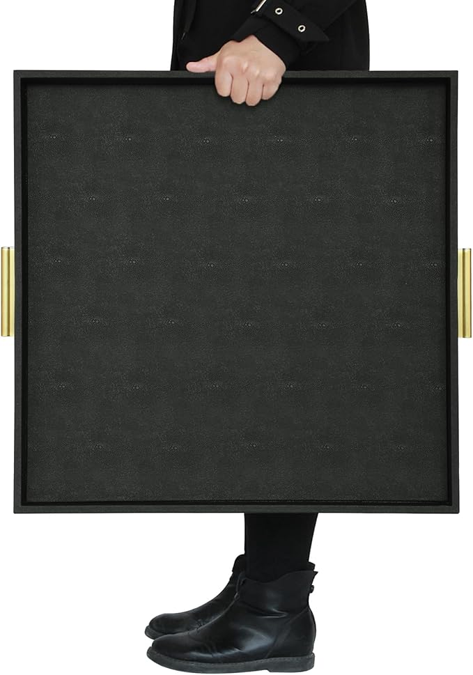 HofferRuffer Extra Large Square Serving Tray, Elegant Faux Leather Ottoman Tray with Gold Hardware Handles, Serve Tea, Coffee or Breakfast in Bed, 24 x 24 inches (Black Shagreen)