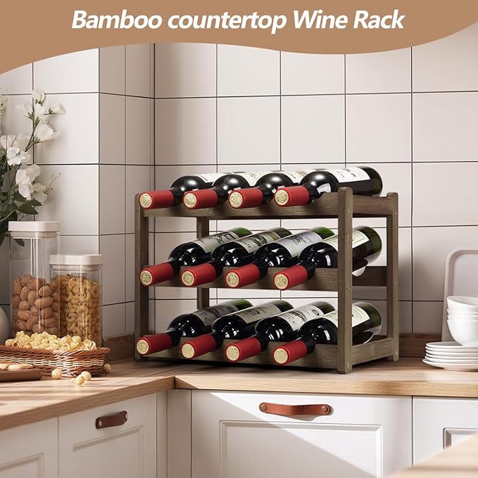 Bamboo Wine Rack, Sturdy and Durable Wine Storage Cabinet Shelf, Wine Racks Countertop for Pantry - 3 Tiers 12 Bottle Wine Rack, Moca