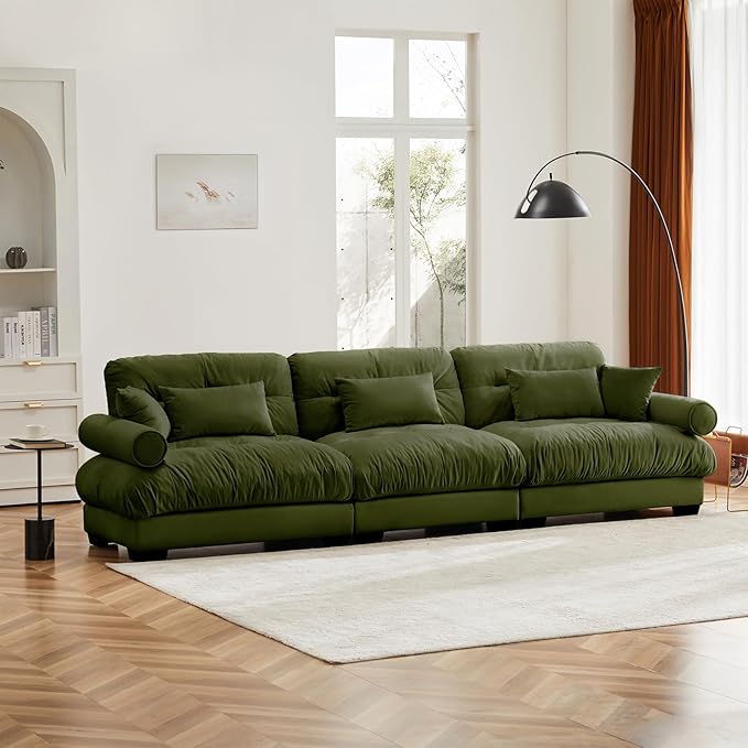 130" Oversized Couch, 3 Seater Modular Sectional Sofa, Olive Large Sectional Couches for Living Room, Fluffy Couch Set, 3 Seater Velvet Cloud Couches with 5 Pillows, Deep Seat Sofas for Living Room