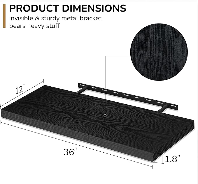 Fun Memories Floating Shelves - 2 Pack 12 Inch Rustic Wooden Wall Shelves - Extra Deeper & Thicker Wall Mounted Storage Shelf for Living Room, Kitchen, Farmhouse - 36" W x 12" D x 1.8"H - Rustic Black