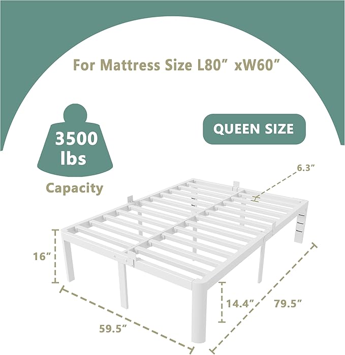 ITIMIDI 16 Inch White Bed Frame Queen, Queen Size Metal Platform Bed Frames with Round Corner Legs, Heavy Duty Steel Support 3500 LBS, Storage Space, No Box Spring Needed, Noise Free, Easy Assembly