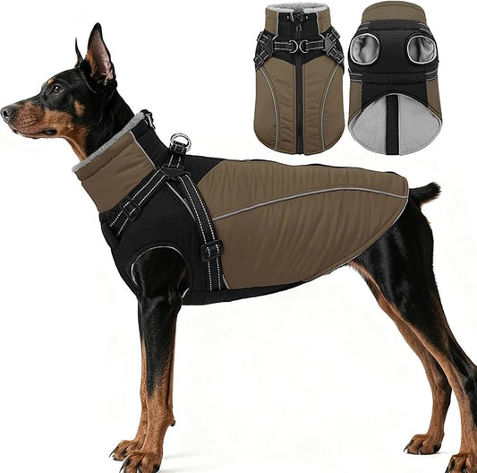 ASENKU Reflective Dog Coat with Built-in Harness, Windproof Fleece-Lined Dog Jacket for Small, Medium, Large Dogs, Warm Winter Vest with Turtleneck & Zipper (Khaki L)