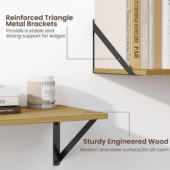 Fun Memories Deep Floating Shelves for Wall, 36W x 8D Wall Mounted Shelves Set of 2, Wide Display Ledge Shelf with Sturdy Metal Brackets for Living Room, Bathroom, Bedroom and Kitchen, Oak