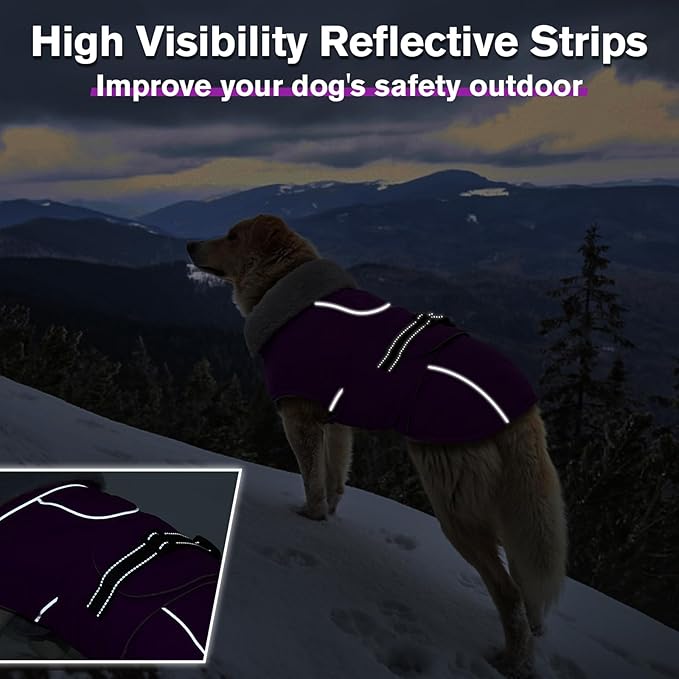 Lelepet Warm Dog Coat Reflective Fleece Vest Waterproof Dog Jacket with Adjustable Buckle Hook & Loop Windproof Cold Weather Coats for Small Medium Large Dogs, Purple, XL