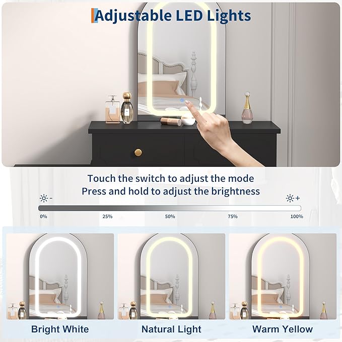 Garvee Makeup Vanity Desk with Mirror and Lights, Modern Black Vanity Table with 2 Drawers & Adjustable 3-Drawer Cabinet, Wood Dressing Table for Bedroom