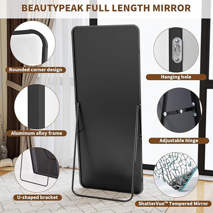 BEAUTYPEAK Black Full Length Mirror, 66"x23" Rounded Corner Floor Mirror Standing Hanging or Leaning Against Wall, Suitable for Dressing Room or Bedroom