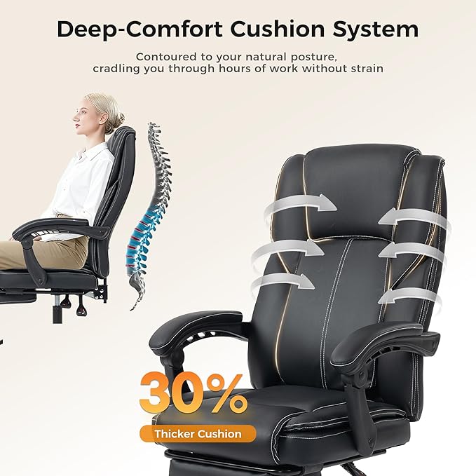 Office Chair with Footrest, Executive Breathable Leather Office Desk Chair with Lumbar Support - Ergonomic Comfy Wide Reclining Swivel Rolling Gaming Computer Chair with Adjustable 90-135° High Back