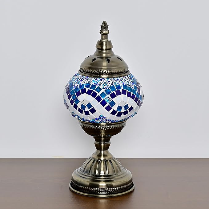 Turkish Moroccan Table Lamp Lantern with Handmade Mosaic Glass Lampshade Tiffany Style Bohemian Stained Glass Decorative Desk Lamps Bedside Night Lights for Bedroom (White Multiple Blues)
