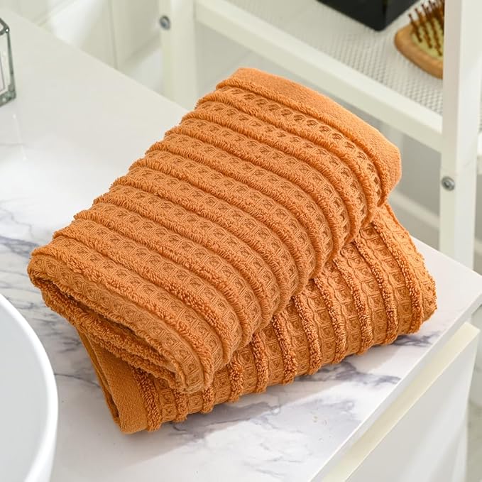 sense gnosis Waffle Hand Towel Striped Pattern Soft 100% Cotton Ultra Absorbent Hand Towels for Bathroom 13 x 29 Inch (Coral Orange, 2 Pieces)