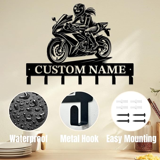 Personalized Custom Name Motorcycle Keys Hooks,Metal Motorcycle Art Clothes Keys Hooks,Metal Motorcycle Lover Wall Home Storage Decorative Keys Hooks,Key Holder Hooks for Wall (Style L)