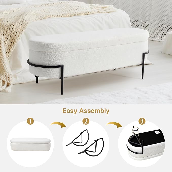 Sherpa Storage Ottoman Bench for Bedroom, White End of Bed Bench with Storage, Upholstered Boucle Storage Bench with Metal Stand and Hinges, Oval Ottoman for Living Room, 45 Inch