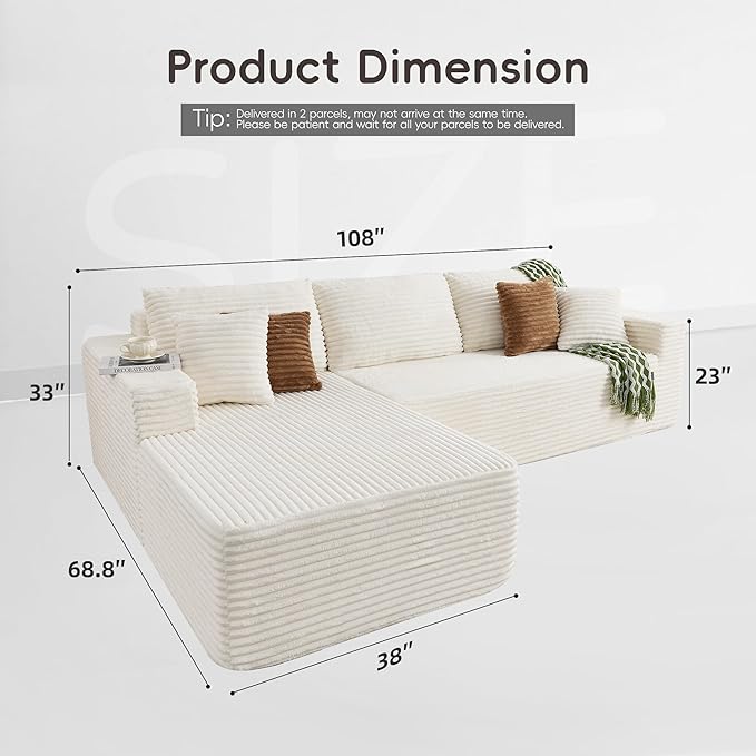 108" Boneless Couches for Living Room, Modular Sectional Sofa with Oversized Chaise, L-Shape Cloud Couch with Deep Seat, High-Density Memory Foam, No Assembly Required, Plush Corduroy Beige