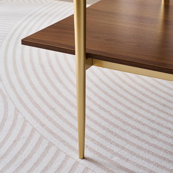 Rectangle Coffee Table, Mid-Century Modern Design, L41 W21 x H17, for Living Room, 2-Tier Structure, Amber Glass Top and Walnut MDF Shelf, Sleek Conical Metal Legs with Gold Finish