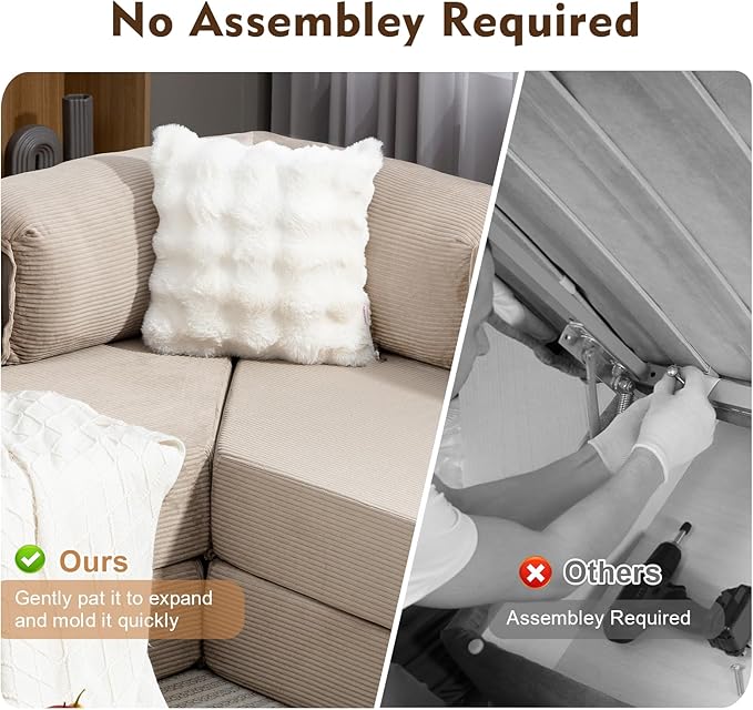 108" L Shaped Couch, Modular Sectional Sofa with Chaise, Cloud Boneless Couch with Deep Seat & Removable Pillow for Living Room, Bedroom,No Assembly Required（Camel）