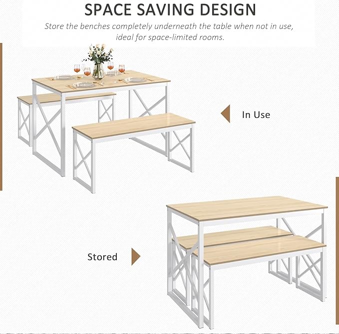 VECELO Kitchen Dining Table Benches Set for 4, 43.3" Wooden Dinette with 2 Benches, Heavy-Duty Dining Room Table for Small Space, Breakfast Nook, Natural Oak