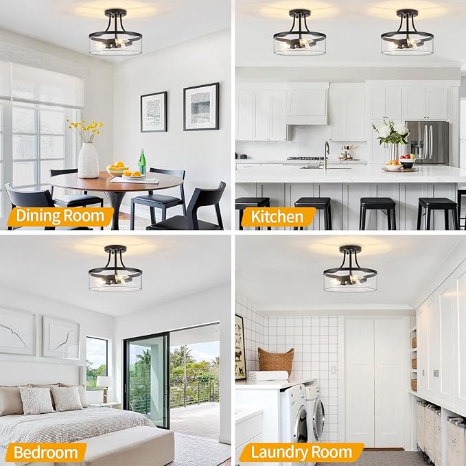 11.81" Black Semi Flush Mount Ceiling Light, Modern Glass Light Fixture, Industrial Hallway Light, 3-Light Close to Ceiling Light Fixtures for Entryway Bedroom Kitchen Laundry Dining Room, UL Listed