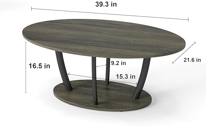 Manora Rustic Small Oval Coffee Table for Living Room, Narrow Wood Center Table with Shelf, Retro Style Coffee Table with Curved Metal Legs, Stable and Easy Assembly, Gray