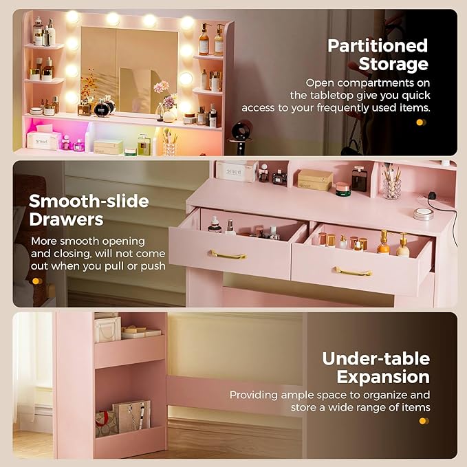 COMHOMA Vanity Desk with Lighted Mirror and Power Outlet, RGB LED Lights Makeup Vanity Set for Girls, Large Storage Capacity Dressing Table for Bedroom, 3 Lighting Modes Adjustable Brightness, Pink