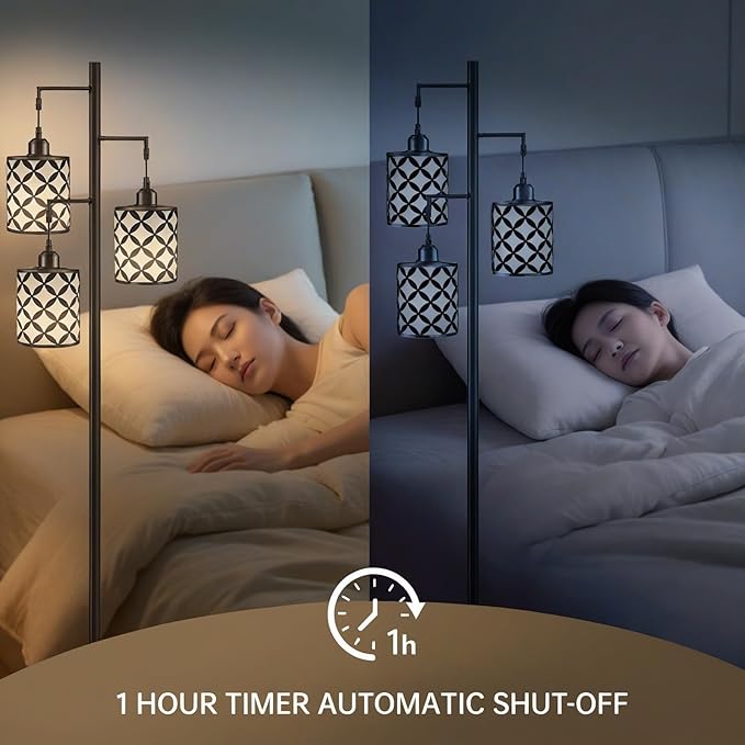 New Upgraded 72" Tall Dimmable Floor Lamp, 3 x 800LM 9W LED Bulbs Included, Farmhouse Standing Lamp with Remote Control, Industrial Tree Pole Floor Lamps for Living Room, Bedroom, Study Room - Black