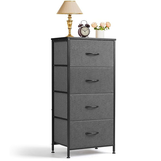 Nightstand, 4 Drawer Dresser End Table Bedside Furniture with Wooden Top Steel Frame Fabric Bins for Bedroom, Closet, Entryway, Dorm, Living Room, Gray