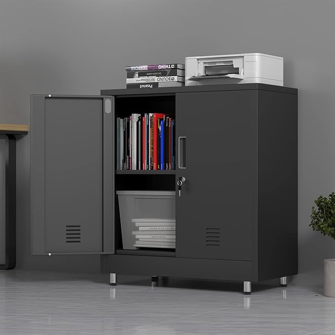 Metal Storage Cabinet with Locking Doors and Adjustable Shelf, Small Lockable Sideboard Buffet Cabinet for Home Office Hallway Entryway Living Dining Room (Black)