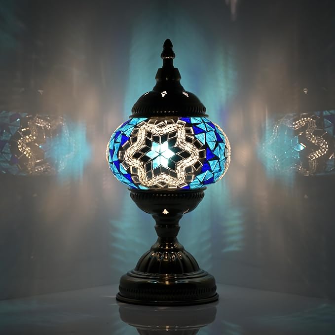 Turkish Moroccan Table Lamp Lantern with Handmade Mosaic Glass Lampshade Tiffany Style Bohemian Stained Glass Decorative Desk Lamps Bedside Night Lights for Bedroom (Blue White)