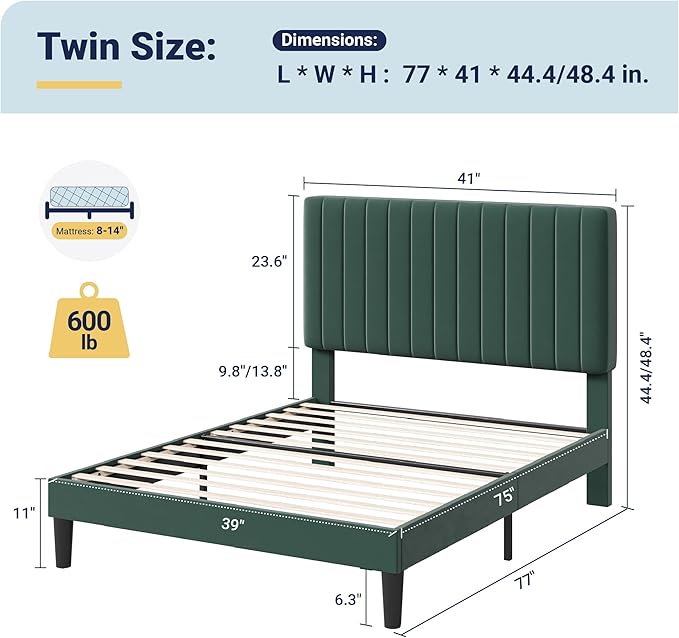 Allewie Twin Bed Frame, Velvet Upholstered Platform Bed with Adjustable Vertical Channel Tufted Headboard, Mattress Foundation with Strong Wooden Slats, Box Spring Optional, Easy Assembly, Green
