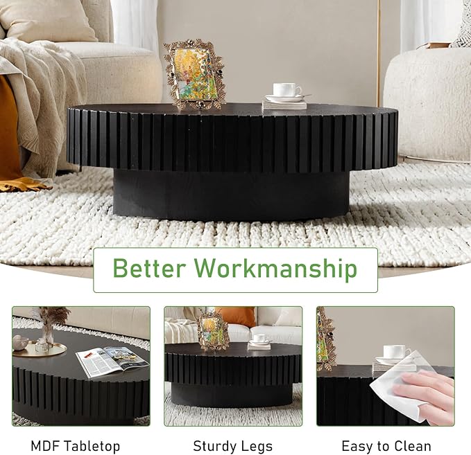 Oval Coffee Table for Living Room, 43.3'' Modern Handcraft Drum Coffee Table Unique Fluted Coffee Tables Wood Center Table End Table for Small Space, Farmhouse Apartment Office (Oval Black)