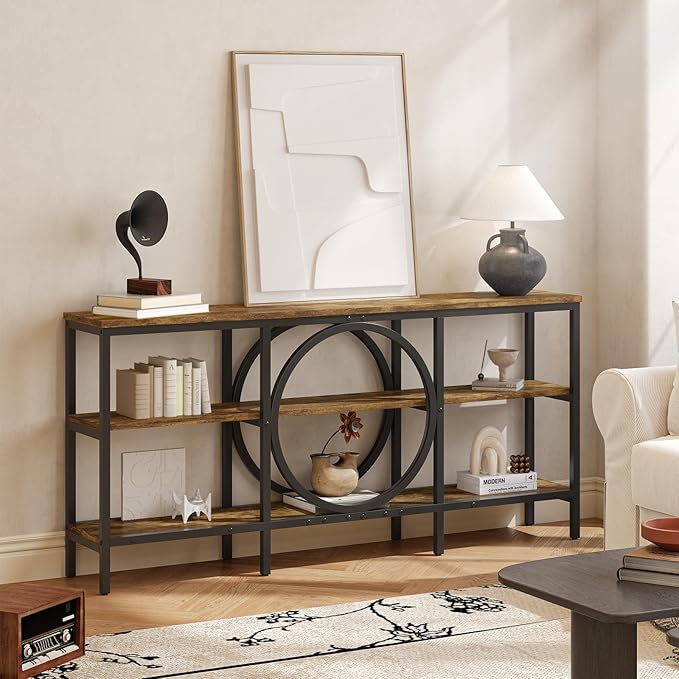 66.9 inch Console Table, 3 Tier Sofa Tables Narrow Long Wood Farmhouse Console Table with Storage Industrial Foyer Tables for Entryway, Hallway, Living Room (Vintage Brown+Black)
