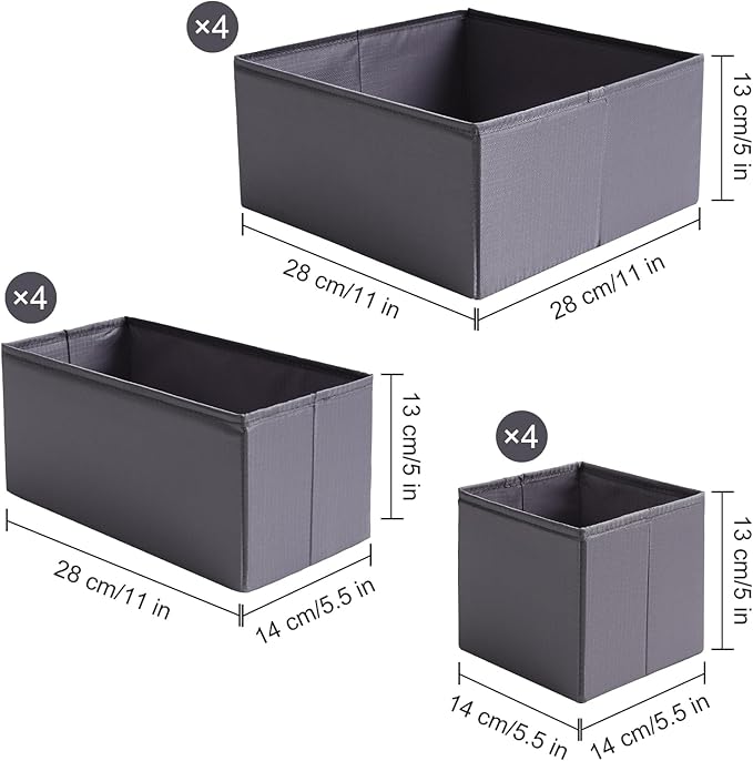 TYEERS Drawer Organizers, Durable Fabric, Washable, with Base Support Boards, Small Storage Boxes for Bathroom, Closet, Dresser, Set of 12, Dark Grey