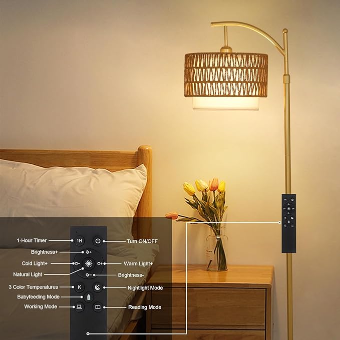 Gold Floor Lamps for Living Room with Remote & Dimmable LED Bulb, Modern Arc Floor Lamp with 3 Color Temperatures, Boho Standing Lamp with Rattan & Fabric Shades, Adjustable Tall Lamp for Bedroom