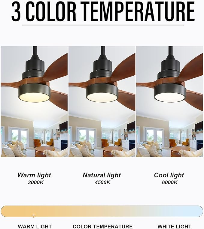 Sofucor Ceiling Fan with Lights and Remote, 52 inch Modern LED Ceiling Fan with 3 Wood Blades and 3 Black Downrods, for Indoor Bedroom Living Room Outdoor Patio Porch, Reversible, Quiet and Powerful