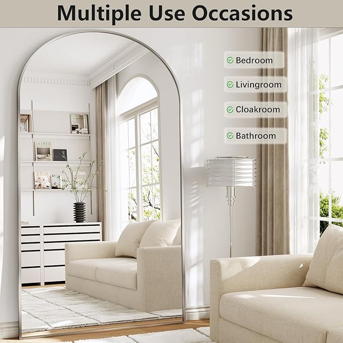 Oversized Full Length Mirror, 40"x80" Large Arched Floor Mirror Full Length with Stand, Room Decor Big Full Body Mirror with HD Tempered Glass Aluminum Frame for Bedroom Living Room, Silver
