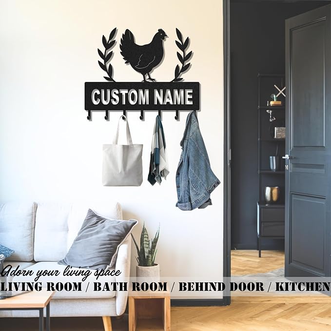 Personalized Key Holder for Wall, Custom Metal Chicken Key Hooks with Name, Meta Jacket Holder Hooks Organizer Rack, Jacket Hanger Decor for Kitchen, Entryway, Hallway, Office, Doorway