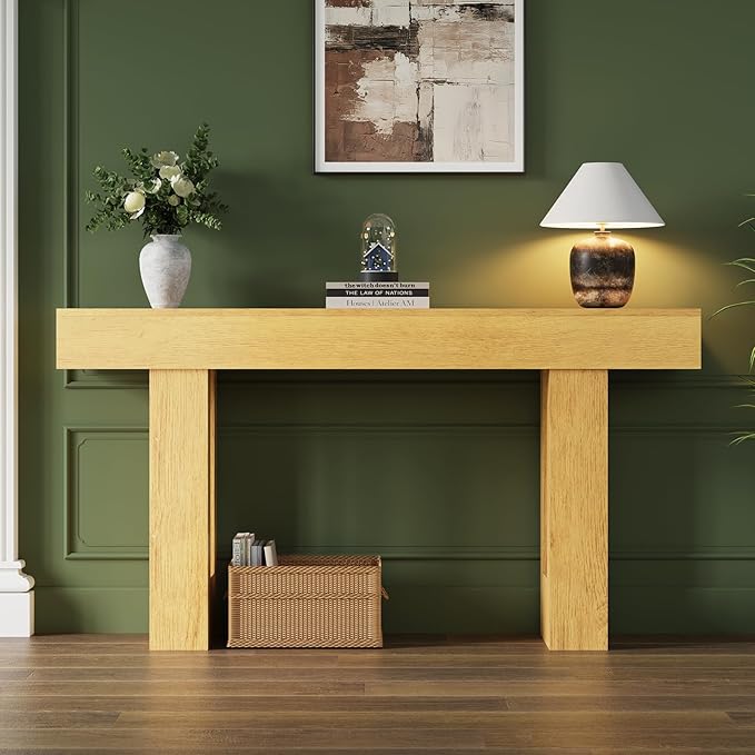 FURSUN 63-Inch Long Console Table with Storage, Wooden Narrow Sofa Table Behind Couch, Farmhouse Foyer Hallway Table for Living Room, Entrance (Natural Oak)