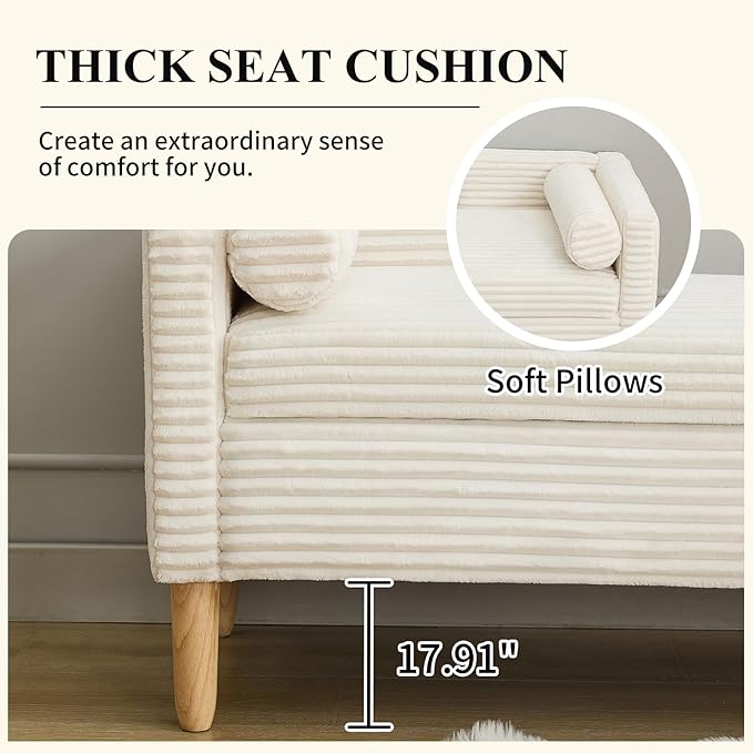 NIOIIKIT 65" Large Storage Ottoman Bench with 2 Pillows, Corduroy Upholstered Entryway Bench with Wood Leg, End of Bed Bench with Straight Armrest, Window Bench for Bedroom, Entryway (White)