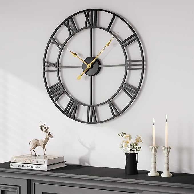 Cuspin 20 Inch Wall Clock Large Clock Battery Operated, Black Metal Round Wall Clocks Modern Silent Non-Ticking Decorative Clock for Living Room Bedroom - Roman Numerals